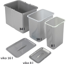 Tri sivé odpadkové koše s objemom 34 litrov, 16 litrov a 8 litrov a dve sivé viečka pre 16-litrové a 8-litrové koše.