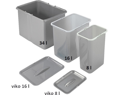 Tri sivé odpadkové koše s objemom 34 litrov, 16 litrov a 8 litrov a dve sivé viečka pre 16-litrové a 8-litrové koše.