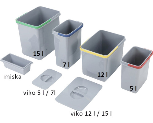Sada odpadkových nádob rôznych veľkostí s viečkami