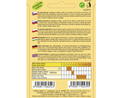 Balíček semien tymianu s informáciami o pestovaní a zbere