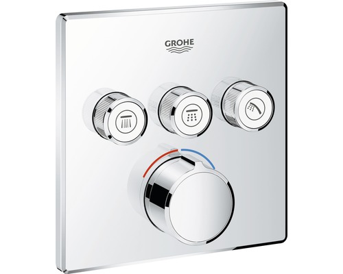 Batéria Grohe s tromi regulátormi na ovládanie rôznych funkcií sprchy a regulátorom teploty