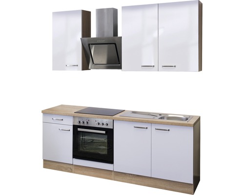 Kuchynská linka s drezom, sporákom, rúrou, digestorom a závesnými skrinkami