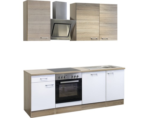 Kuchynská linka so závesnými skrinkami, digestorom, drezom a elektrickým sporákom