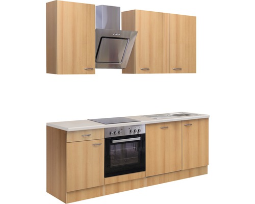 Vstavaná kuchyňa so závesnými skrinkami, digestorom, drezom a sporákom