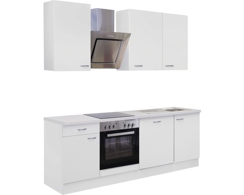 Kuchynská linka so závesnými skrinkami, digestorom, drezom, sporákom a rúrou