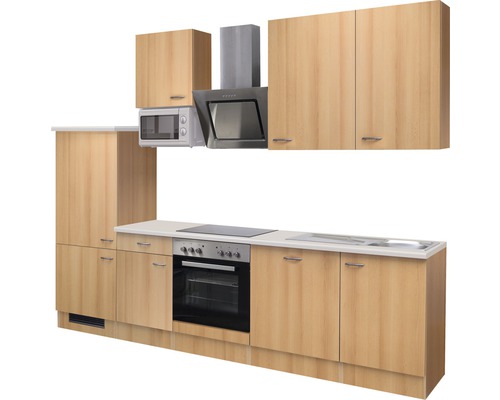 Kuchynská linka s hornými a dolnými skrinkami, digestorom, mikrovlnnou rúrou, drezom a sporákom