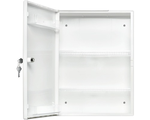 Otvorená lekárnička s kľúčom a dvoma policami