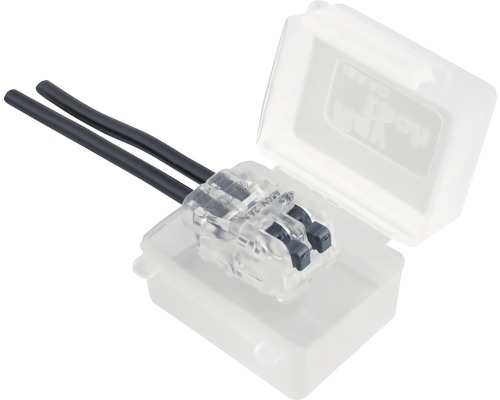 Drôtové svorky s dvoma čiernymi káblami v priehľadnej krabici