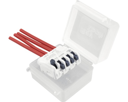 Elektrická pripojovacia svorka s červenou kabelážou v priehľadnej krabici