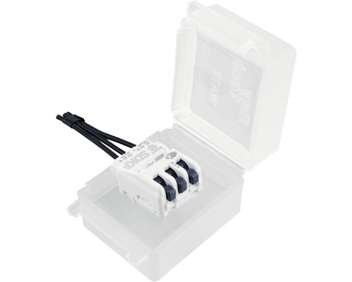 Svorkovnica s tromi vodičmi v priehľadnej krabičke