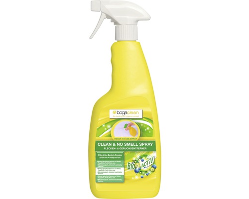 Čistiaci sprej Bogaclean Clean & Smell dezinfekčný 750 ml Bogaclean Clean & No Smell Spray na odstraňovanie škvŕn a zápachu v žltej rozprašovacej fľaši
