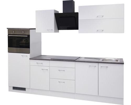 Kuchynská linka s hornými a dolnými skrinkami, rúrou, varnou doskou, drezom a odsávačom pár