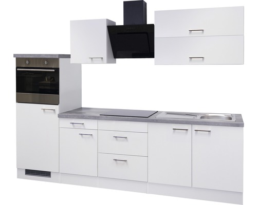 Kuchynská linka s drezom, sporákom, rúrou, digestorom a bielymi skrinkami
