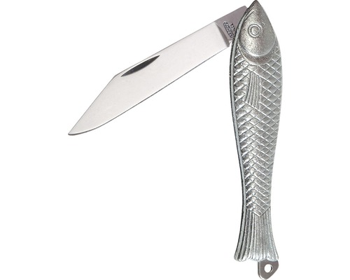 Vreckový nôž s rukoväťou v tvare ryby a otvorenou čepeľou