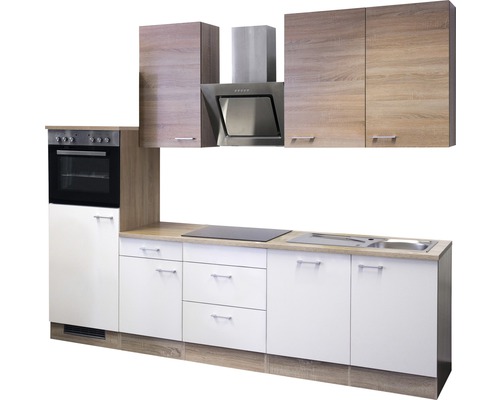 Vstavaná kuchyňa s hornými a dolnými skrinkami, drezom, sporákom a odsávačom pár.