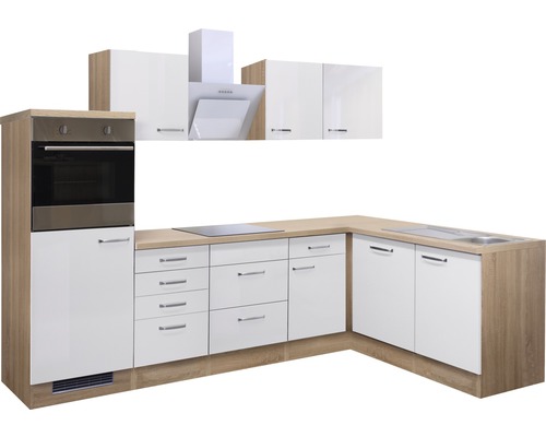 Moderná rohová kuchyňa so vstavanou rúrou, varnou doskou a digestorom