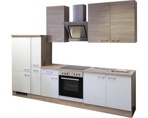 Kompletná kuchynská linka so závesnými skrinkami, digestorom, drezom a elektrickým sporákom