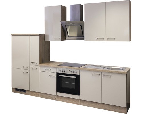 Kuchynská linka s hornými a dolnými skrinkami, drezom, sporákom a odsávačom pár