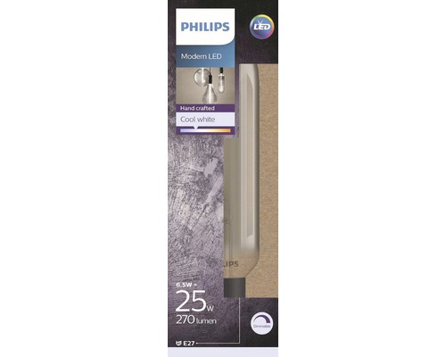 Logo spoločnosti Philips. Balenie stmievateľnej LED žiarovky E27 s 270 lúmenmi a výkonom 6,5 W.