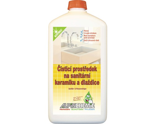 Čistič na sanitárnu keramiku a dlažbu AlpinChemie 1 l Čistiaci prostriedok na sanitárnu keramiku a dlaždice v bielej fľaši