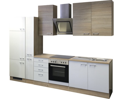 Kuchynská linka s drezom, sporákom, rúrou, digestorom a skrinkami