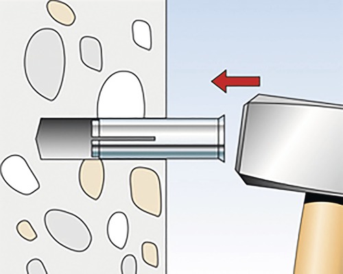 Ilustrácia hmoždinky zatĺkanej kladivom do steny