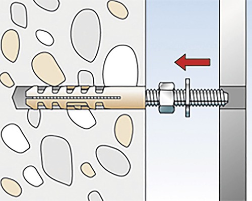 Ilustrácia upevnenia hmoždinky do betónovej steny pomocou skrutky a matice