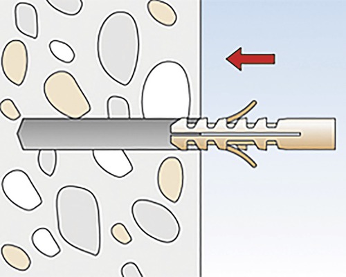 Ilustrácia inštalácie hmoždinky do steny s červenou šípkou
