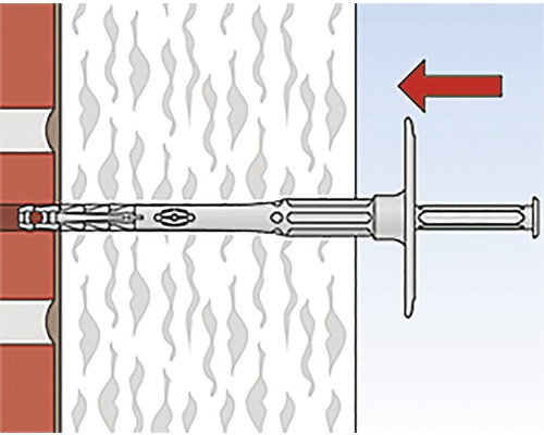 Ilustrácia inštalácie hmoždinky do dutých stien v stene.