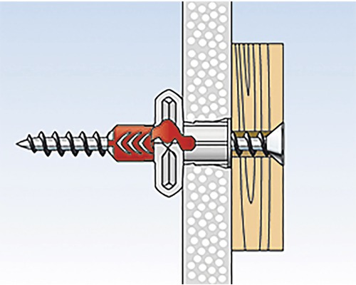 Ilustrácia upevnenia hmoždinky v stene so skrutkou v drevenej doske
