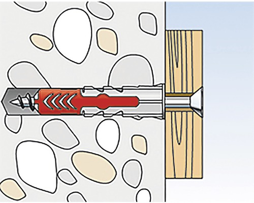 Ilustrácia hmoždinky v stene so skrutkou v kuse dreva