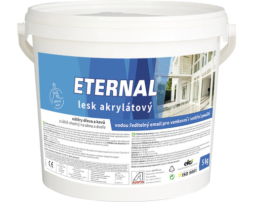 Univerzálna farba Eternal lesk akrylátový biely 5 kg Vedro s akrylátovým lakom Eternal, vhodný na drevo a kov, najmä na okná a dvere, vodou riediteľný email pre vonkajšie aj vnútorné použitie, 5 kg