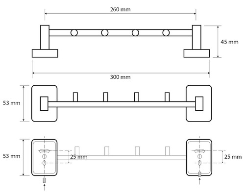 Technický nákres držiaka na uteráky s rozmermi