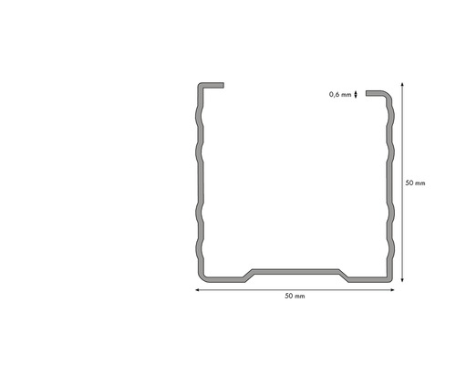 Profilová lišta s rozmermi 50 x 50 x 0,6 milimetra.