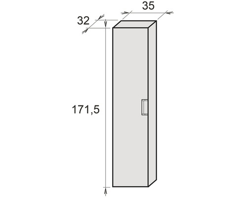 Technický nákres vysokej skrine s rozmermi 171,5 x 35 x 32 cm.