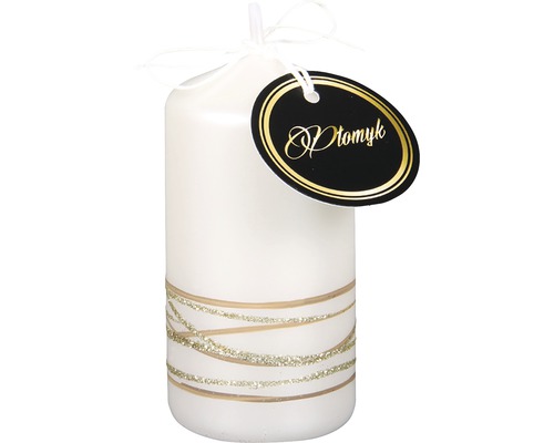 Vianočná sviečka Saturn valec Ø6x13 cm metalická lesklá biela Sviečka s dekoráciou a štítkom
