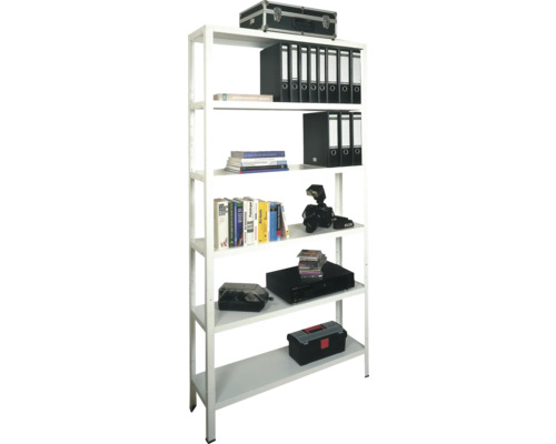 Kovový regál Schulte R4014-06-04 2200x1000x300 mm, 6 políc, nosnosť 390 kg, biely Regál so šiestimi priehradkami a rôznymi predmetmi