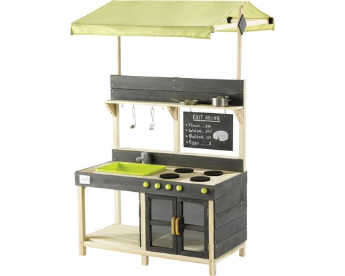 Drevená detská kuchynka s markízou, drezom, varnými platňami, rúrou, tabuľou a príslušenstvom