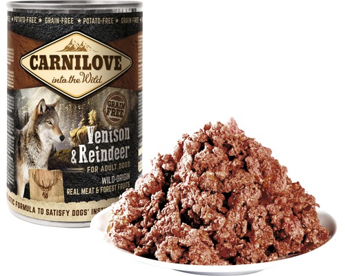 Konzerva pre psov Carnilove so zverinou a sobom a miska s krmivom