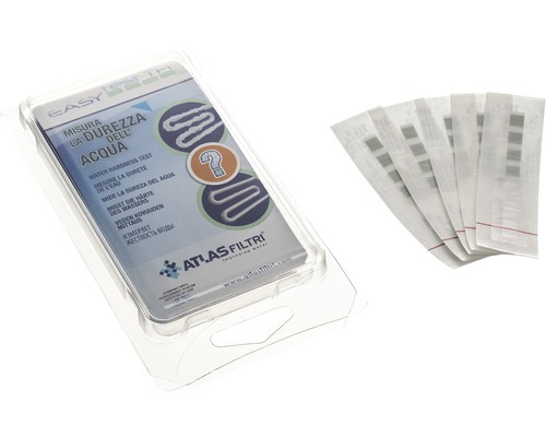 Test tvrdosti vody Atlas Filtri v priehľadnom plastovom obale s testovacími prúžkami