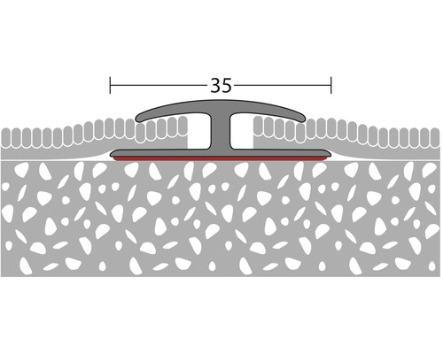 Obrázok prechodového profilu širokého 35 milimetrov medzi dvoma podlahovými krytinami.