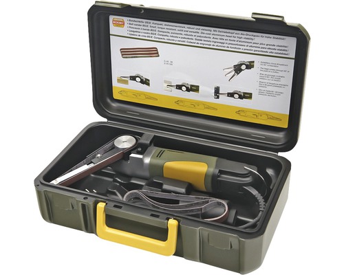 Pásová brúska v zelenom kufríku na náradie so žltou rukoväťou.