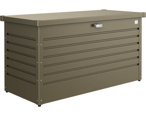Záhradný box na podušky Biohort FreizeitBox 130, 134x62x71 cm bronzový metalický Úložný box na vonkajšie použitie s horizontálnou pruhovanou štruktúrou