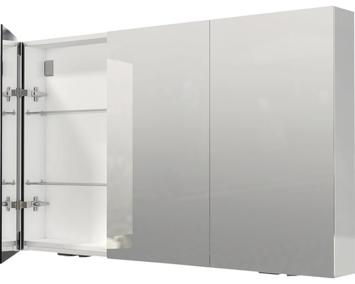 Zrkadlová skrinka s otvorenými a zatvorenými dvierkami a sklenenými policami