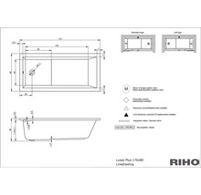 Technický nákres vane Lusso Plus 170x80 s rozmermi a vysvetlivkami symbolov