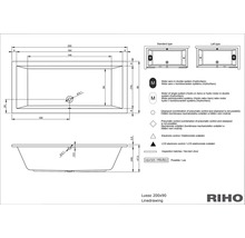 Technický nákres vane Lusso 200x90 s rozmermi a vysvetlivkami symbolov