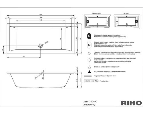 Technický nákres vane Lusso 200x90 s rozmermi a vysvetlivkami symbolov