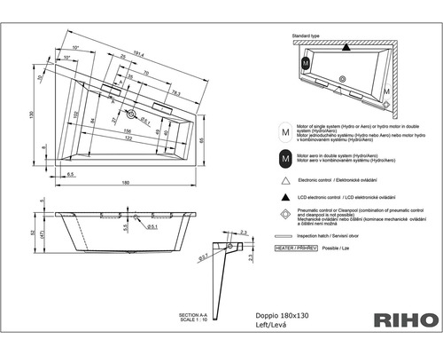 Technický výkres vane Doppio 180x130 s rozmermi a symbolmi pre prvky vybavenia