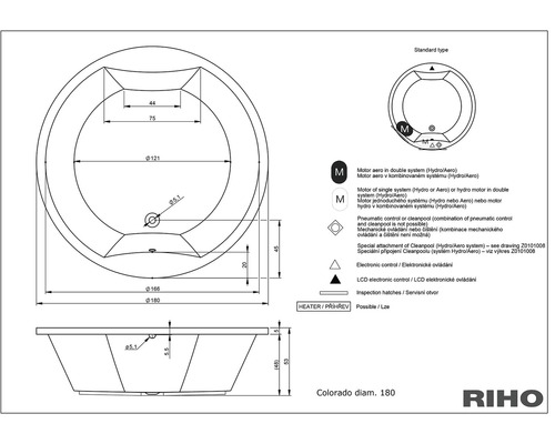 Technický nákres vane Riho Colorado s priemerom 180 cm a súvisiacich symbolov