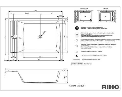 Technický nákres vane Savona 190x130 od spoločnosti RIHO s rozmermi a vysvetlivkami symbolov